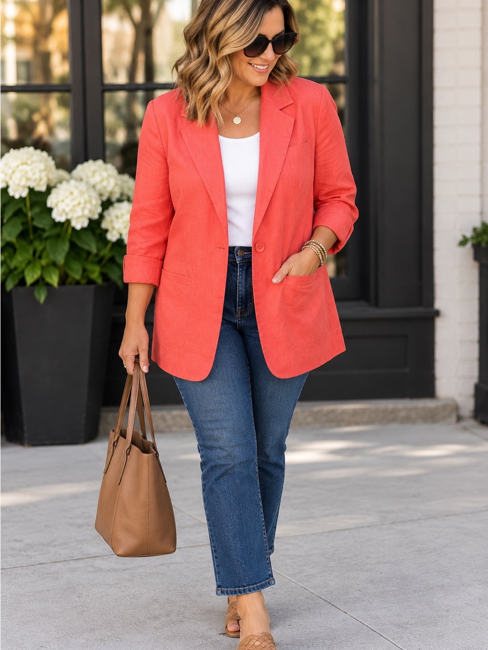 Savannah Coral Single-Button Blazer Jacket